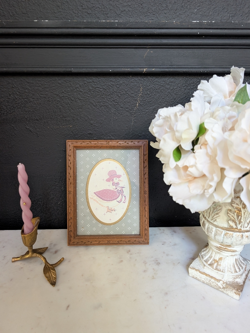 Cottagecore Vintage Framed Art, White Duck w/ Pink Hat Wall Wood Frame Decor 9”x